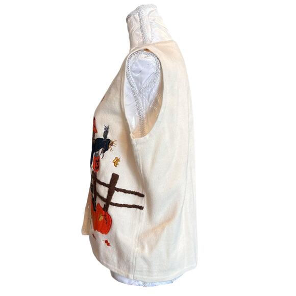 Vintage White Orange Halloween Sweater Vest Womens Sz Large Pumpkin Black Cat - Picture 11 of 16